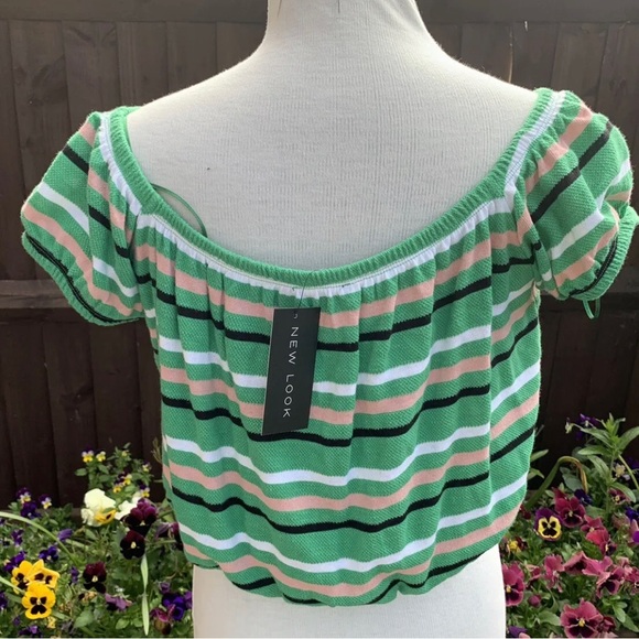 New Look Crop Top Off The Shoulder Bardot Green Short Sleeve Stripe Large UK 14 - Picture 2 of 7